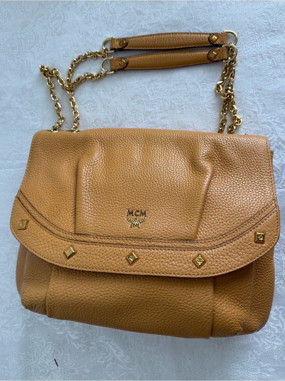 MCM light Brown Leather Shoulder Bag with Gold Chain Straps - Picture 12 of 17